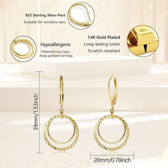 Women Gold Circle Textured Drop Hammered Leverback Dangle Earrings - Picture 3 of 5